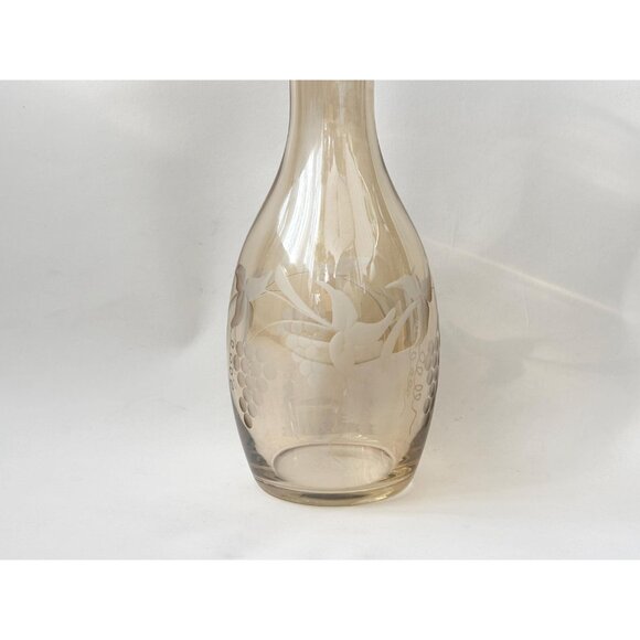 Etched Pale Yellow Glass Floral & Fruit Vintage Art Nouveau Oblique Glass Carafe - Picture 5 of 16